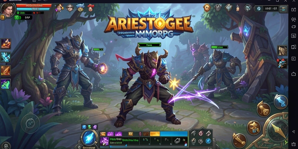Screenshot gameplay ARIESTOGEL menampilkan pertempuran seru dan pemandangan menakjubkan.
