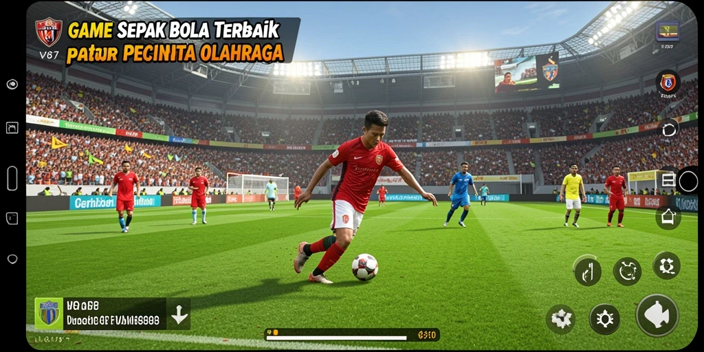 Screenshot gameplay V87 menampilkan pertarungan sepak bola yang mendebarkan.